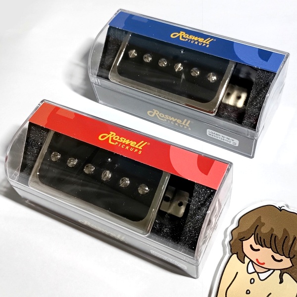Roswell Pickups (ロズウェル・ピックアップス) Humbucker size Open Covered P90 ブリッジ用とネック用のパッケージ 右下にサウンドハウスお姉さん